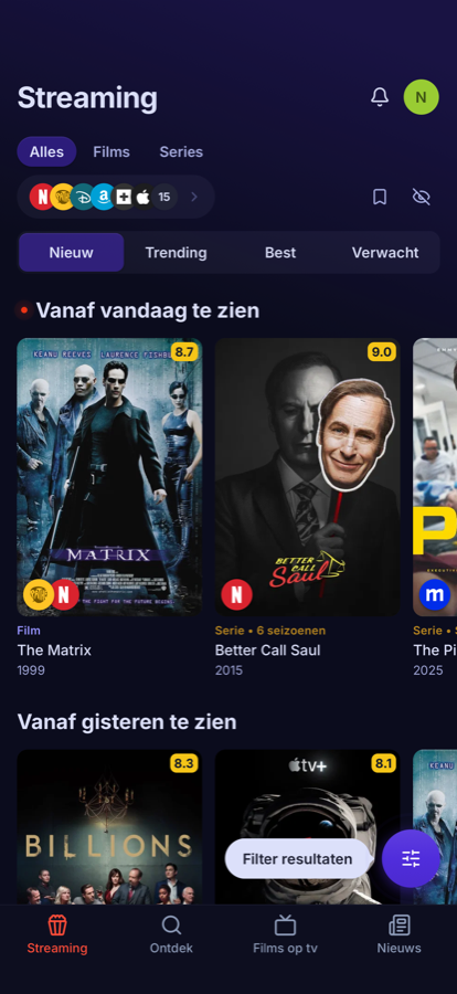 Streamingoverzicht in de FilmVandaag-app